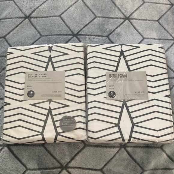 NEW WEST ELM COTTON CANVAS CURTAIN Lot Of 2 Diamond Stripe 48 x 96 SET - Picture 1 of 4
